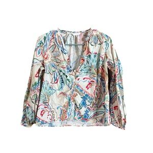 Zara Multicolor Floral V-Neck Button Down Puff Blouse Size Medium